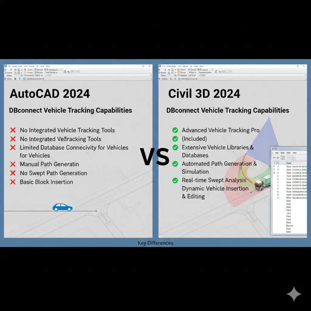 Autocad 2024 VS Civil 3D 2024 DBconnect Vehicle Tracking Capabilities: Key Differences
