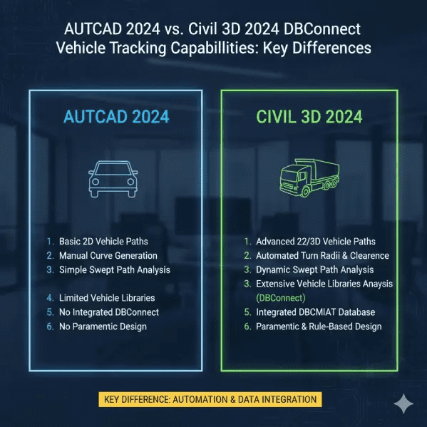 Autocad 2024 VS Civil 3D 2024 DBconnect Vehicle Tracking Capabilities: Key Differences