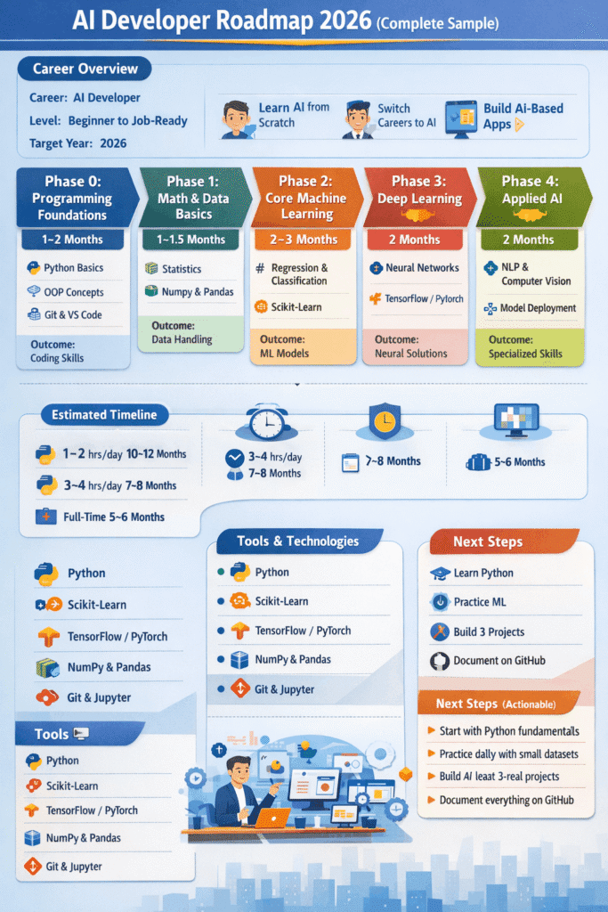 AI Developer Roadmap 2026 infographic showing learning phases, skills, tools, and timeline