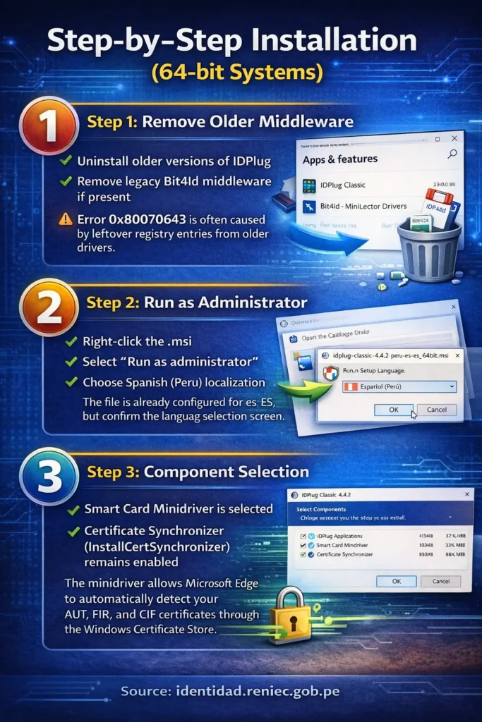 Step-by-Step Installation idplug-classic-4.4.2-peru-es-es_64bit.msi (infographic)